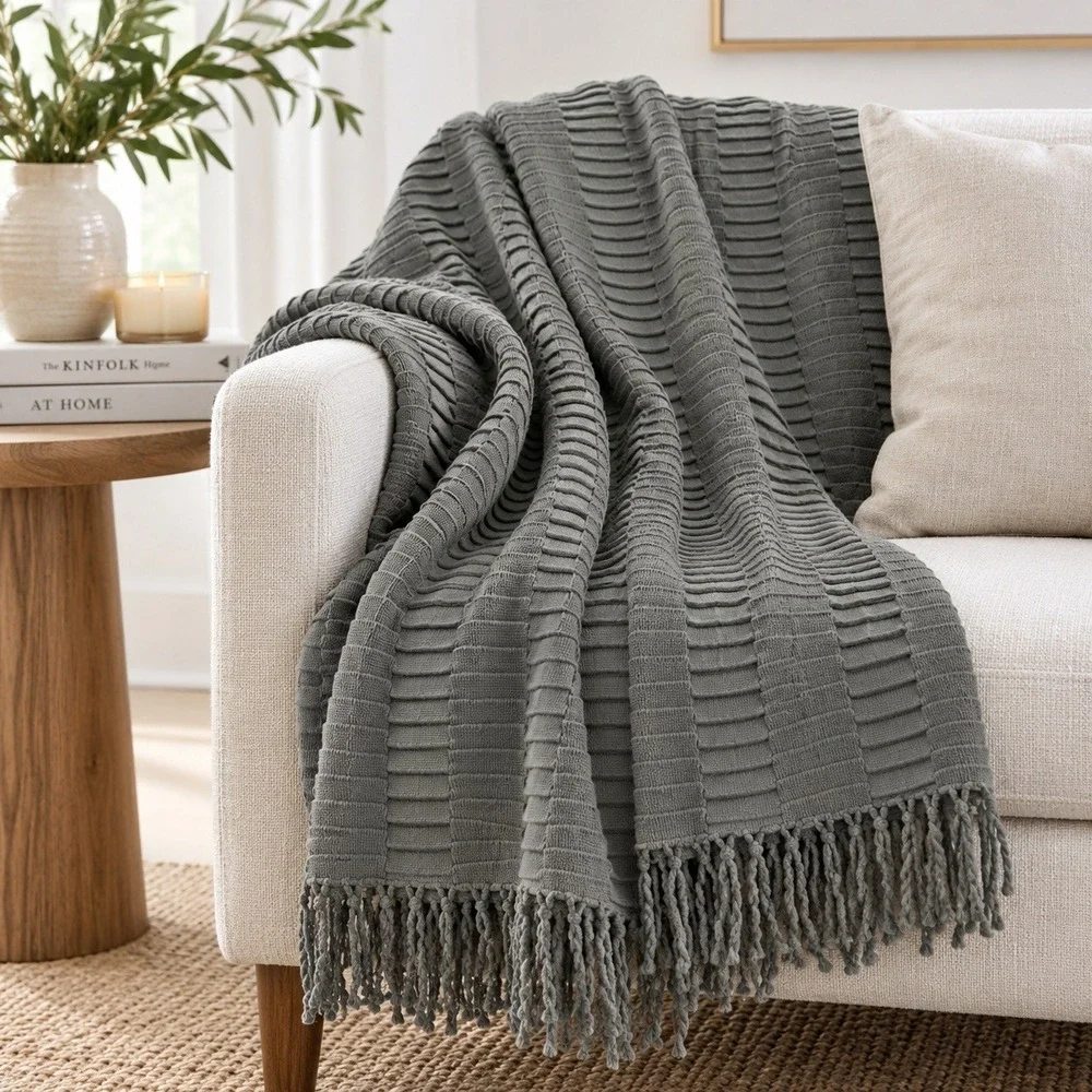 West Elm Ladder Stitch Throw Blanket Size 40x50 Gray Fringe Minimalist Scandi
